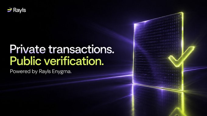 A Rayls-branded graphic features the text "Private transactions. Public verification." alongside a glowing translucent screen filled with hexadecimal code and a large yellow checkmark, visually reinforcing the message that Rayls Enygma enables confidential transactions that remain publicly auditable without exposing underlying data.