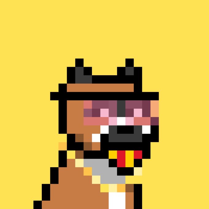A pixel art illustration of a Shiba Inu dog (the Dogecoin/Doginal mascot) wearing an orange hat and red sunglasses against a yellow background, symbolizing resilience and commitment to holding the Doginal Dog NFT despite market downturns.