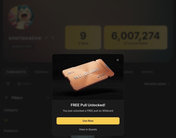 Screenshot of a digital collectible interface showing a 'FREE Pull Unlocked!' notification for a Wildcard ticket, with a pop-up displaying 'You just unlocked a FREE pull on Wildcard' and a yellow 'Use Now' button.