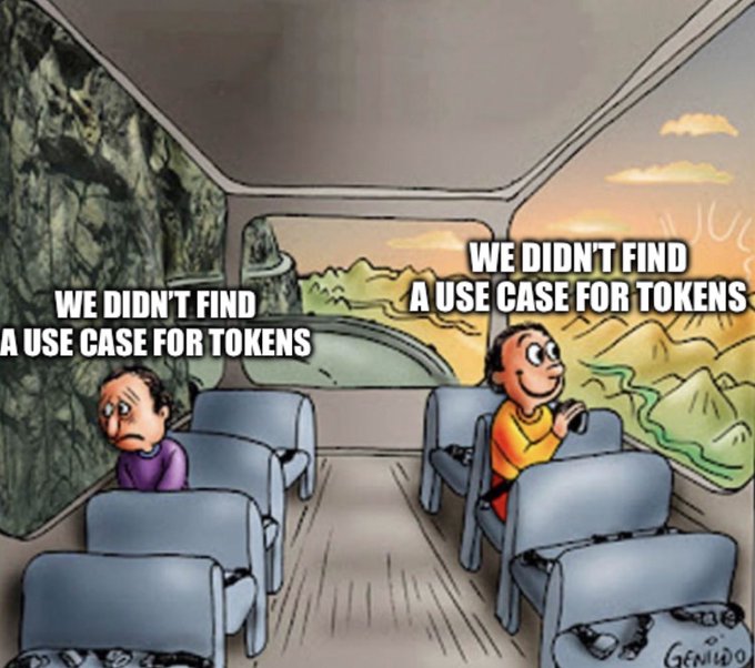 A meme showing two passengers on a bus: one on the left looks out at a gloomy, rocky cliff with the text "WE DIDN'T FIND A USE CASE FOR TOKENS," while a smiling passenger on the right enjoys a sunny, beautiful landscape with the same caption. The signature "GENIIDO" appears in the bottom right corner.