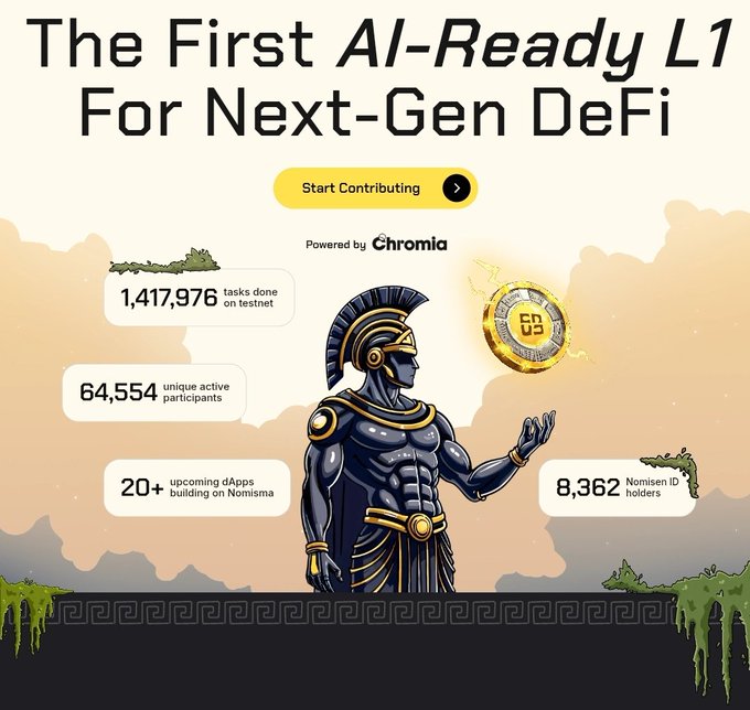 A promotional graphic for Nomisma Network's testnet campaign, featuring a Roman gladiator illustration alongside key stats: 1,417,976 tasks done on testnet, 64,554 unique active participants, 20+ upcoming dApps, and 8,362 Nomisen ID holders, with the headline "The First AI-Ready L1 For Next-Gen DeFi" powered by Chromia.

The image visually reinforces the post's message about Nomisma's scaling approach by showcasing its active testnet participation metrics, supporting the claim that their application-independent execution model is gaining traction ahead of the $100k–$500k USDC ImpactShare campaign on XOOB.