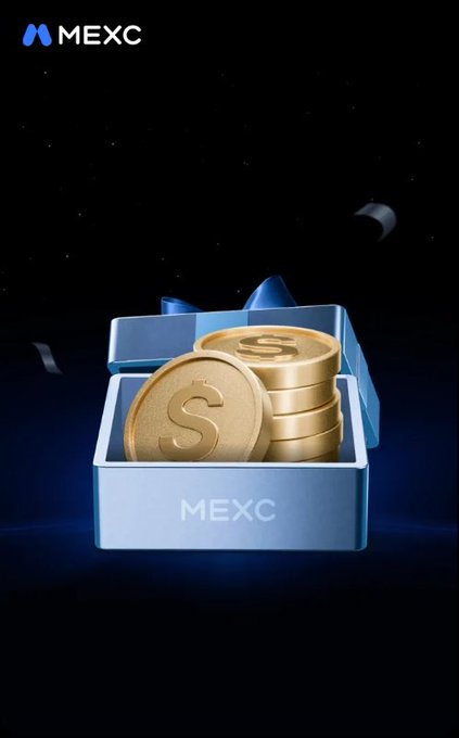 MEXC promotional graphic showing a metallic blue gift box filled with gold coins embossed with the letter 'S', set against a dark starry background with a crescent moon.