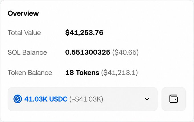 A digital wallet 'Overview' panel displays a Total Value of $41,253.76, a SOL Balance of 0.551300325 ($40.65), and a Token Balance of 18 Tokens ($41,213.1), with 41.03K USDC selected.