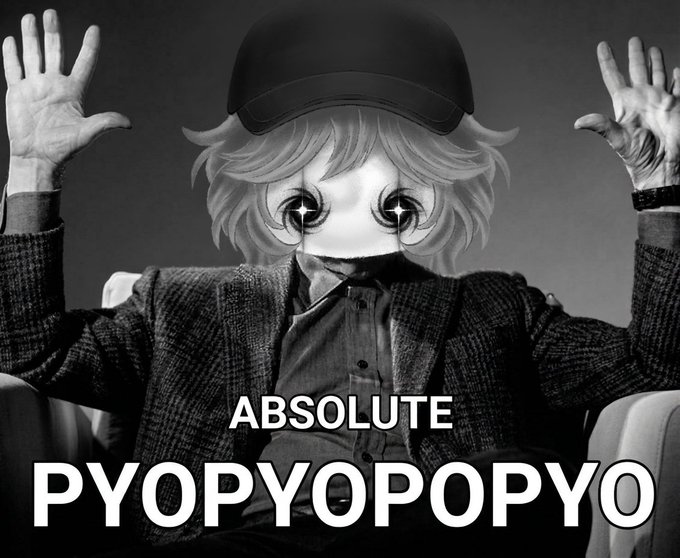 The image shows an anime-style character with large sparkling eyes and a black cap, whose human body in a suit raises its hands up in an exaggerated pose, overlaid with the bold text "ABSOLUTE PYOPYOPOPO." This theatrical, over-the-top graphic serves as promotional artwork for the upcoming "ABSOLUTE PYOPYOPOPO" NFT drop on OpenSea, as announced in the accompanying post.