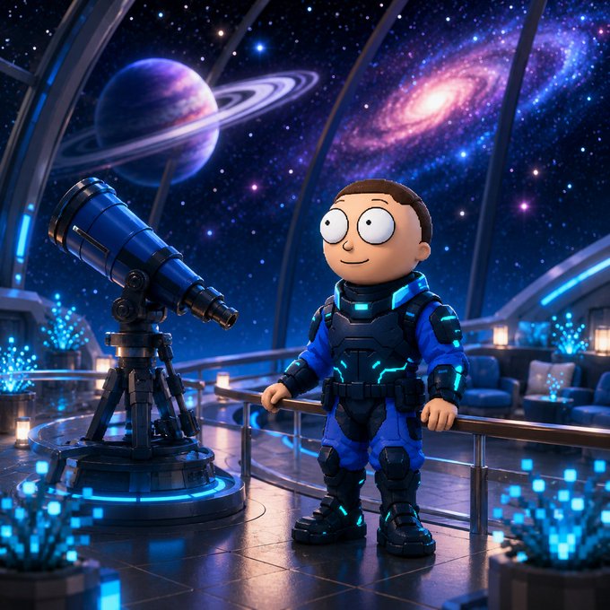 A cartoon character in a futuristic blue spacesuit stands on an observatory deck next to a large telescope, gazing at a stunning cosmic scene featuring a ringed planet and a vibrant spiral galaxy through a domed window. No text is visible in the image.