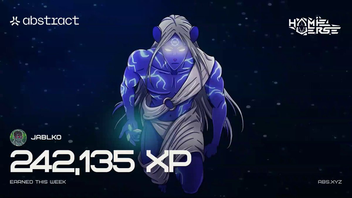 The image features a poster with a blue background, depicting a character from anime or video game style. The character has long hair and is wearing a white robe. The poster includes text that reads "Happy @AbstractChain XP day Another weak week but deserved again". This suggests that the poster is promoting an event related to abstract art or a gaming convention.