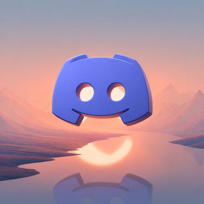 The Discord logo, glowing softly, floats above a serene sunset landscape with its reflection shimmering in the water below, evoking a sense of community and calm anticipation that aligns with the post's invitation to join the Discord for updates on upcoming Solana assets.