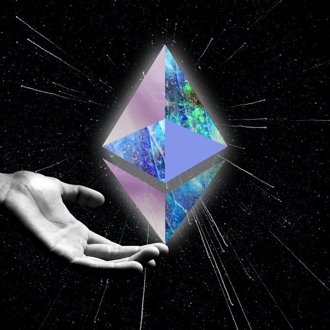 A black-and-white photograph of an open, upturned hand releases a vibrantly colorful Ethereum logo against a starry, cosmic background streaked with light. The image pairs with the "Believe in something." message to evoke the idea of investing faith—or crypto—into the future of decentralized currency.