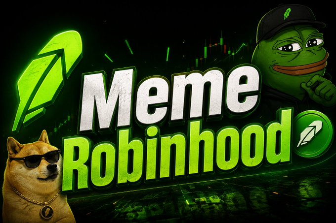 A promotional graphic featuring a green Pepe-style frog character, a Doge wearing sunglasses, and bold text reading 'Meme Robinhood' with upward arrows and trading chart elements.