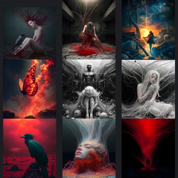 A collage of various surreal, dark-themed fantasy illustrations, including figures with red hair, a DNA strand, a raven, and ethereal women.