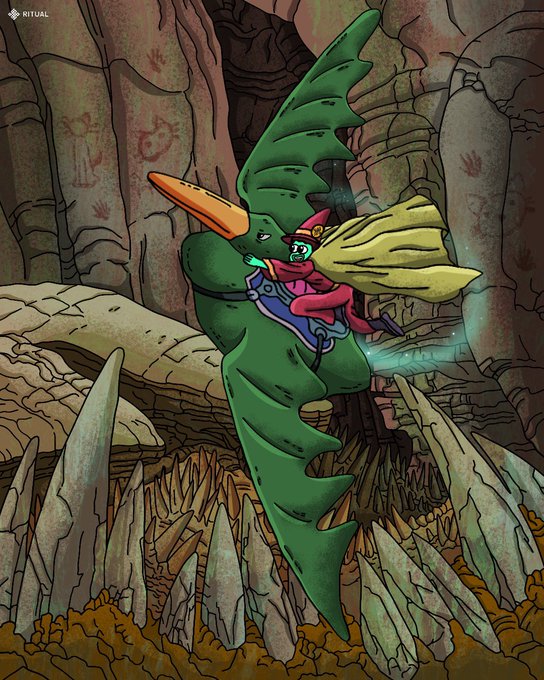 A digital artwork featuring a green pterodactyl-like creature carrying a small character in pink and blue clothing, flying over a cave filled with sharp stalagmites.