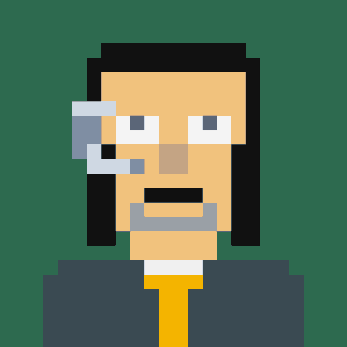 Pixel art portrait of a bearded man with black hair, glasses, and a yellow shirt against a green background.