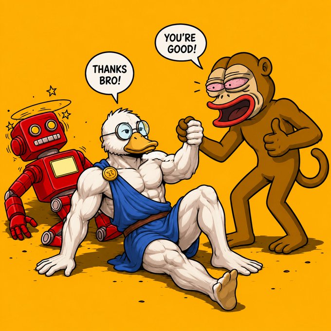 A muscular duck character in a blue toga fist-bumps a wide-mouthed monkey who says "YOU'RE GOOD!" while the duck replies "THANKS BRO!"—a cartoon depiction of camaraderie that visually echoes the post's theme of supporting fellow holders to "defeat the Jeets," with the duck representing the Ponke community mascot (referenced via @ponkehq).