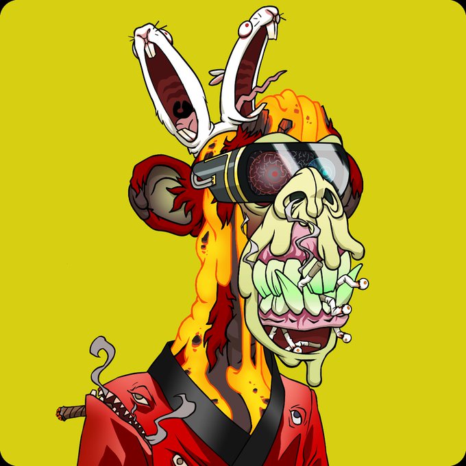 The image features a cartoon monkey wearing sunglasses and a red jacket with a smoking pipe sticking out of its mouth. The background is yellow, which contrasts with the colorful attire of the monkey. The caption reads "become a member, buy an ape". This suggests that there might be some sort of online store or marketplace where one can purchase animated characters like this monkey for their collection or as a gift.