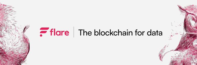 A promotional banner for Flare featuring their pink logo and tagline 'The blockchain for data,' with stylized pink particle illustrations of a fox-like creature on either side.