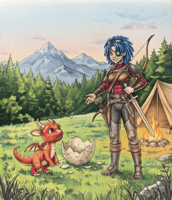 A colored pencil drawing of a blue-haired adventurer with a bow and sword standing next to a baby red dragon and an unhatched egg in a mountain landscape.