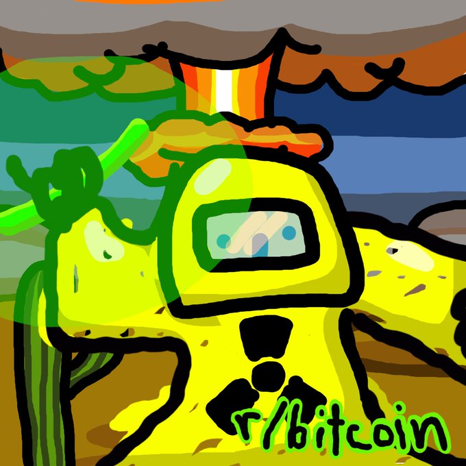 A colorful cartoon-style illustration depicting a yellow-suited astronaut figure with a radioactive symbol, set against a landscape with the text 'r/bitcoin' in the corner.