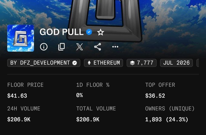NFT collection 'GOD PULL' by DFZ_DEVELOPMENT on Ethereum, with 7,777 items showing a $41.63 floor price, $206.9K 24H volume, and 1,893 unique owners.