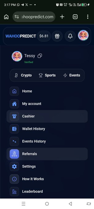 A mobile screenshot of the website whoopredict.com showing a navigation menu for a user named Tessy, with options including Home, My account, Cashier, Wallet History, Events History, Referrals, Settings, How it Works, and Leaderboard.