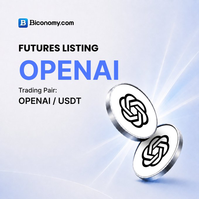 A Biconomy.com announcement graphic for 'FUTURES LISTING' of OPENAI with trading pair OPENAI/USDT, featuring two silver coin tokens displaying the OpenAI logo against a light background.