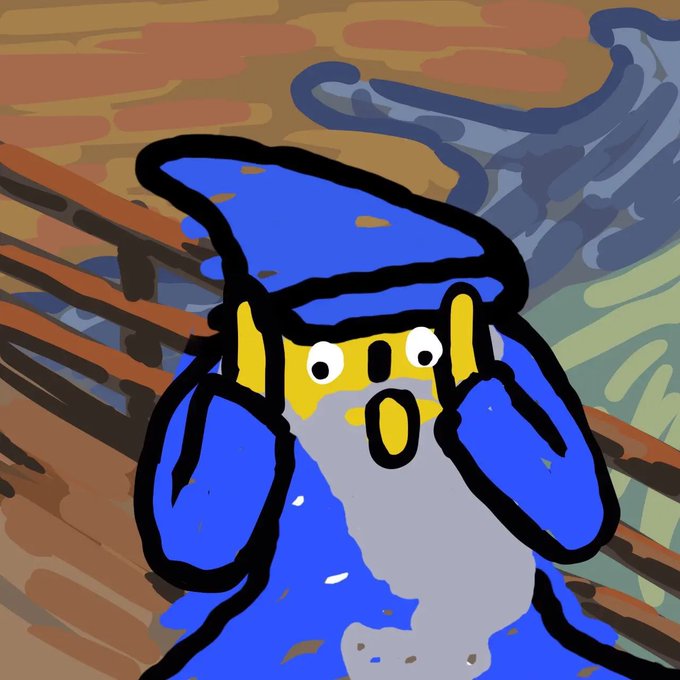 Pixel-art style image of a wizard figure in blue robes with a yellow face and surprised expression, set against a Van Gogh's Starry Night-inspired background.
