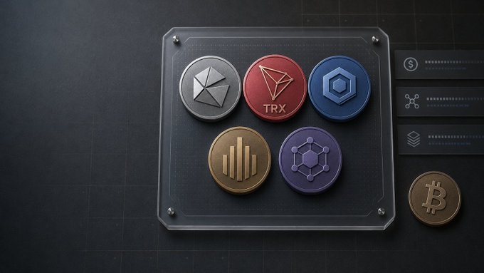 A digital rendering of five cryptocurrency coin tokens displayed on a clear panel, featuring Ethereum (ETH), TRON (TRX), Polygon (MATIC), and others, with a Bitcoin coin in the corner.