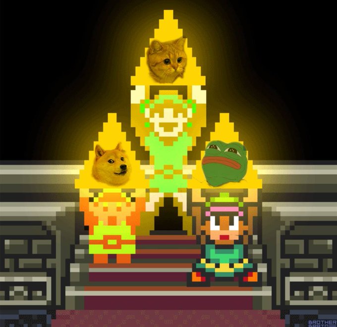 Pixel art meme replacing Zelda characters with cat and frog heads, with Link holding a shield, set in a dark throne room.