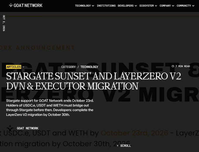 A dark-themed webpage from GOAT NETWORK dated October 2, 2026, announcing 'STARGATE SUNSET AND LAYERZERO V2 DVN & EXECUTOR MIGRATION' for USDC.e, USDT and WETH holders.