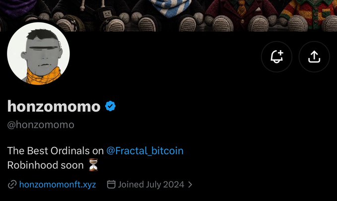 A Twitter/X profile page for 'honzomomo' (@honzomomo) showing the bio 'The Best Ordinals on @Fractal_bitcoin Robinhood soon ⌛', joined July 2024, with a link to honzomomonft.xyz.