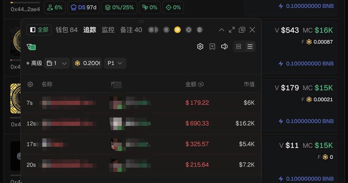 Cryptocurrency wallet tracking interface in Chinese showing token holdings with amounts around $179 to $690 and market values, against a dark theme background.