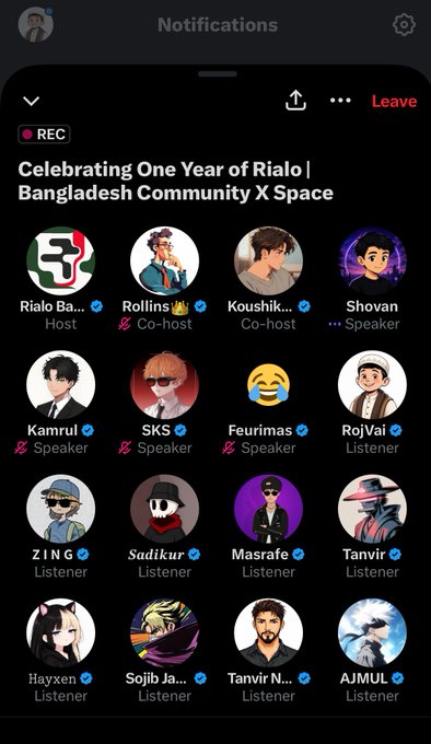 A mobile screenshot of a Twitter/X Space titled 'Celebrating One Year of Rialo | Bangladesh Community' showing participants including Rialo Ba, Rollins, Koushik, Shovan, Kamrul, SKS, Feurimas, RoyVai, ZING, Sadikur, Masrafe, Tanvir, Hayxen, Sojib Ja, Tanvir N, and AJMUL.