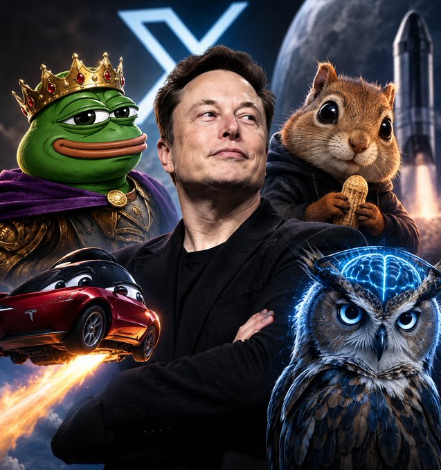 A digital composite features Elon Musk surrounded by a crowned Pepe the Frog, a flying Tesla car, a squirrel holding a peanut, and a robotic owl against a space scene.