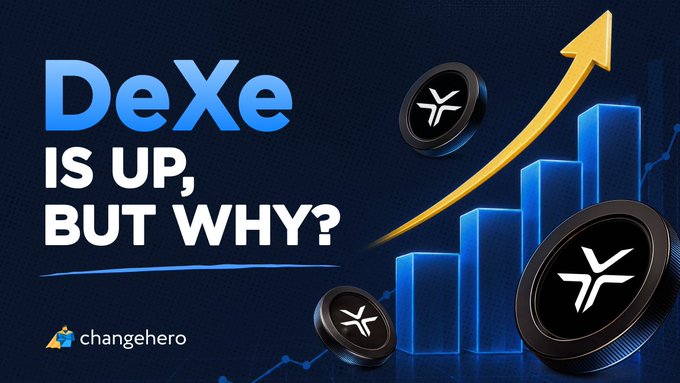 A promotional graphic for ChangeHero asking 'DeXe IS UP, BUT WHY?' featuring the Xplora/DeXe cryptocurrency logo, blue ascending bar chart with a yellow upward arrow, on a dark blue background.