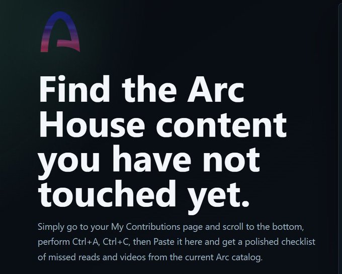 Promotional graphic with the 'A' Arc browser logo, titled 'Find the Arc House content you have not touched yet,' instructing users to copy from their My Contributions page and paste it for a checklist of missed Arc content.