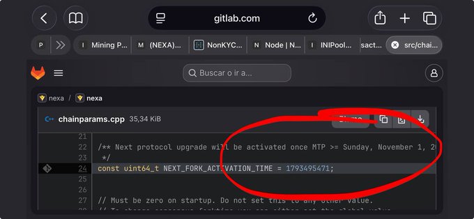 A screenshot of a GitLab code repository (gitlab.com) showing the file 'chainparams.cpp', with a red circle highlighting the line 'const int64_t NEXT_FORK_ACTIVATION_TIME = 1793495471;'.
