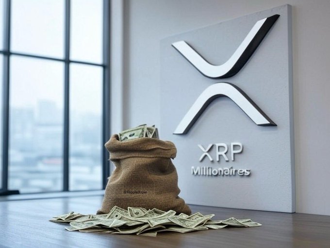 A promotional image showing a burlap sack overflowing with US dollar bills in front of an XRP logo and the text 'XRP Millionaires' on a wall.