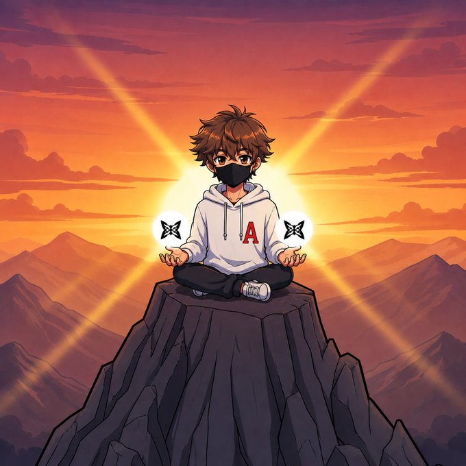 The image features a cartoon boy sitting on top of a mountain, surrounded by rocks and mountains under a sunset sky. The boy appears to be meditating or focusing his attention on something above him. In the background, there are two arrows pointing towards the sun, which is located in the center of the scene. The post seems to be promoting an event related to gaming, as it mentions "Another day I woke up and found myself on top of a mountain and still focusing and dedicating time to @quipnetwork".