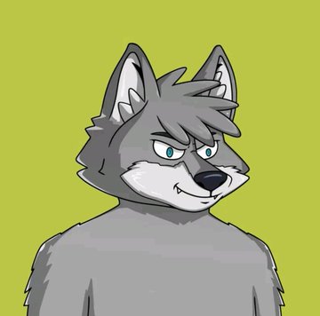 A cartoon illustration of a grey wolf character with teal eyes against a lime green background.
