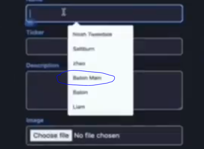 The image shows a blurred screenshot of a token creation form with an autofill dropdown menu highlighting the text "Baton Man" circled in blue, appearing to reference the Pumpfun introduction video's hidden character named after Pumpswap's parent company, Baton Corporation.
