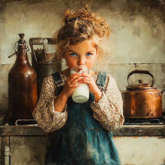 A painted portrait of a young girl with curly hair drinking a glass of milk, wearing a blue pinafore over a floral blouse, with copper and glass vessels in the background.