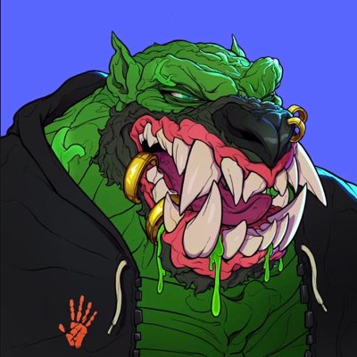 Stylized illustration of a green reptilian humanoid with a wide, toothy grin, a gold nose ring, and drool, wearing a black hoodie with a red handprint logo.