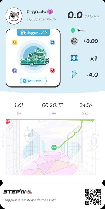 A screenshot from the STEP'N app showing a Jogger Lv30 sneaker NFT with stats including 1.61 km, 00:20:17 time, and 2456 steps.
