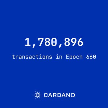 A blue graphic displays "1,780,896 transactions in Epoch 660" alongside the Cardano logo, visually highlighting the record-breaking number of transactions processed during that epoch.