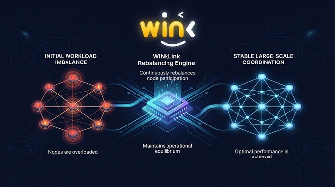 An infographic titled 'WinLink Rebalancing Engine' illustrating how it transforms an initial workload imbalance into stable large-scale coordination by continuously rebalancing node participation.