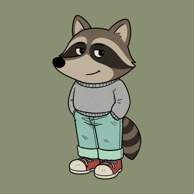 A cartoon illustration of an anthropomorphic raccoon wearing a gray sweater, teal pants, and red sneakers, standing with hands in pockets against an olive green background.