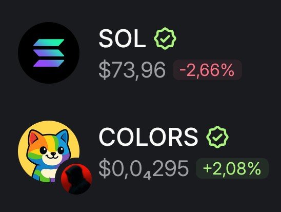A cryptocurrency price display showing SOL at $73.96 with a -2.66% decline, and COLORS at $0.04295 with a +2.08% gain.
