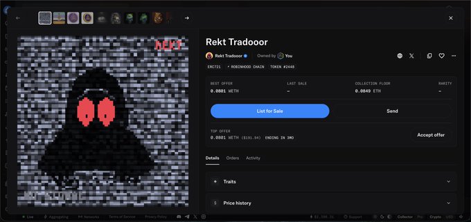 A screenshot of an NFT marketplace listing for "Rekt Tradoor" on OpenSea, showing a pixelated hooded figure with red eyes against static.