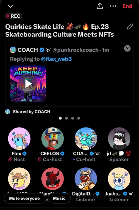 A screenshot of a Twitter Spaces recording titled 'Quirkies Skate Life 🛹🔥 Ep.28 Skateboarding Culture Meets NFTs' featuring hosts and co-hosts Flex, CEELOS, and COA with NFT profile pictures.