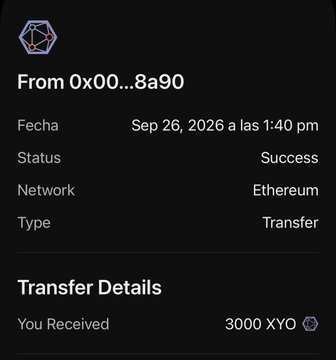 A cryptocurrency transaction receipt displayed on a dark interface shows a successful Ethereum Transfer on Sep 26, 2026 at 1:40 pm, with the user receiving 3000 XYO tokens from address 0x00...8a90.
