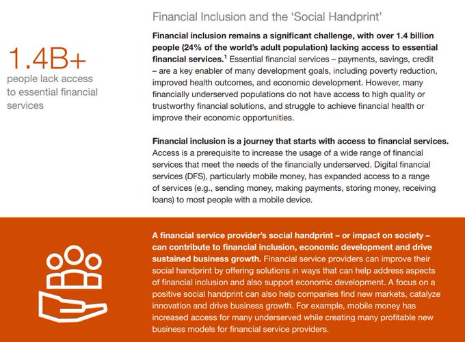 An infographic titled 'Financial Inclusion and the Social Handprint' highlighting that 1.4 billion people lack access to essential financial services, with text explaining how financial service providers can drive business growth.